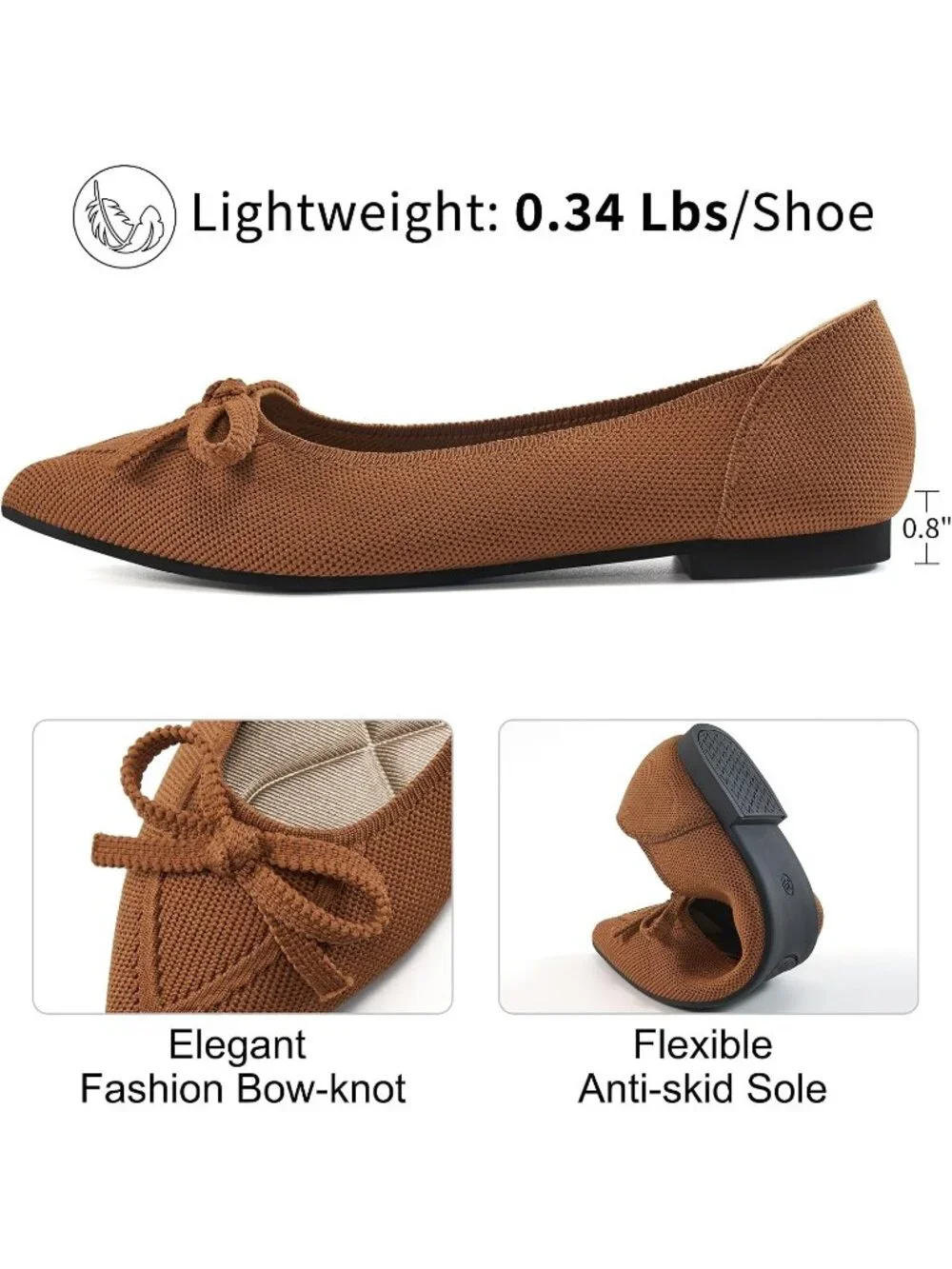 Women's Brown Ballet Flats Shoes Dressy Pointed Toe Bow Knit Flats Comfortable
